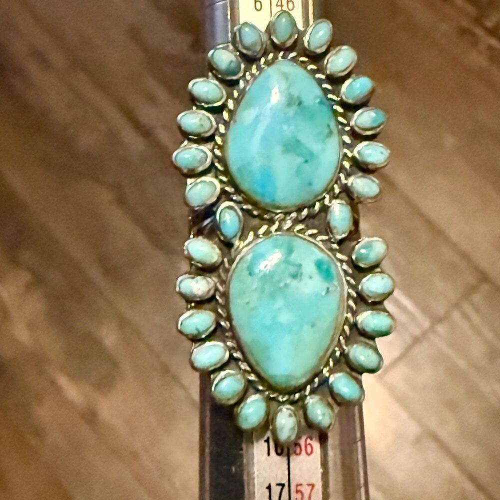 New Sterling Silver Double Turquoise Statement Ring - Bold Southwestern Design - Picture 2 of 7